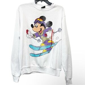 Disney White Crewneck Sweater with Skiing Mickey Design